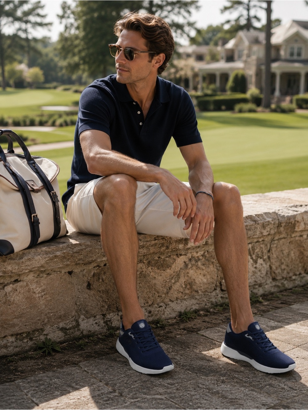 Peter Millar Navy Knit Low-Profile Sneaker with White Sole